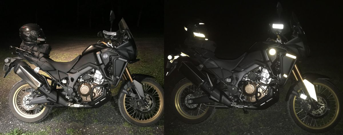 Africa Twin with 3M reflective tape comparison with and without direct light shining on it.