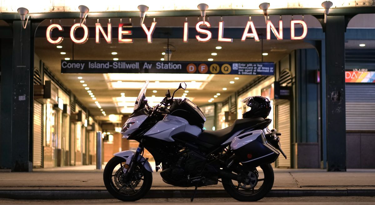 Kawasaki Versys 650 outside the Coney Island Subway Train Station